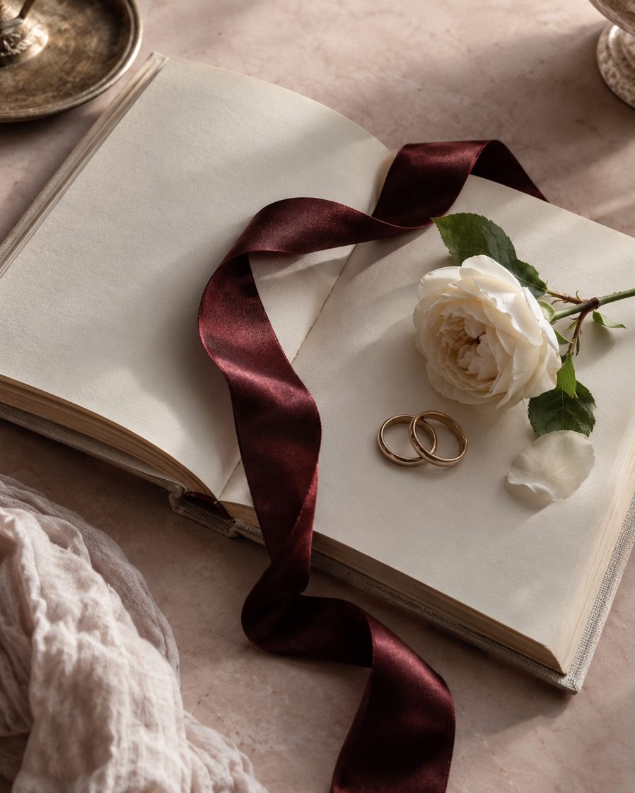 Un libro aperto con due fedi nuziali, una rosa bianca e un nastro di raso bordeaux